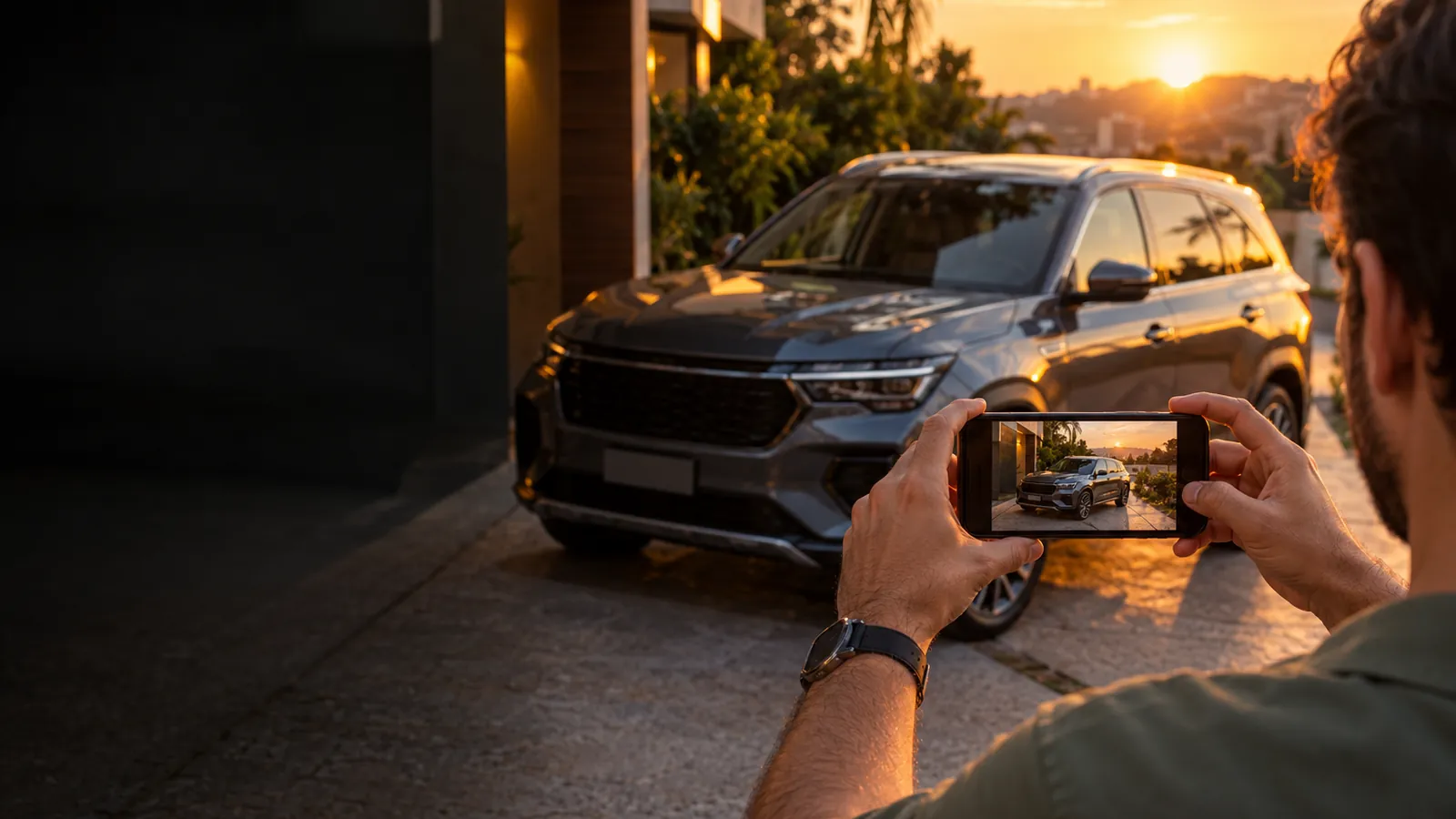 Pessoa fotografa o próprio SUV com o celular na garagem de casa ao entardecer